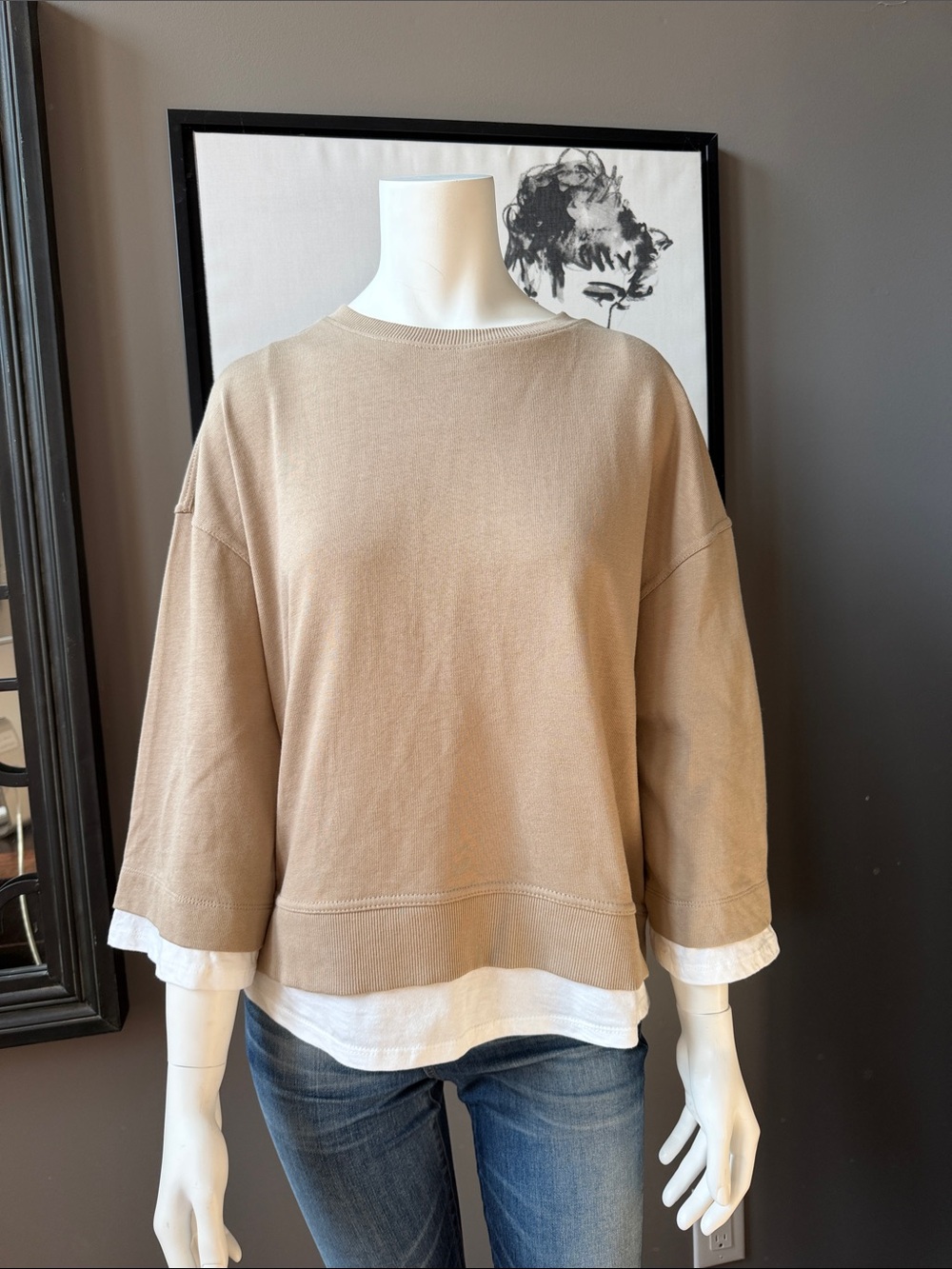 Zara Beige Layered-Look Crewneck Sweater